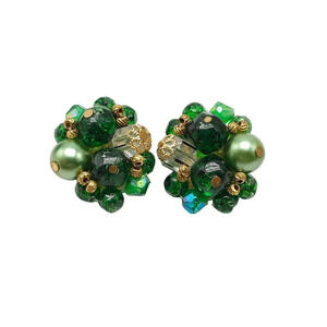 W. Germany Green Beads Glass Acrylic Earrings Clip on Closure Gold Tone Vintage